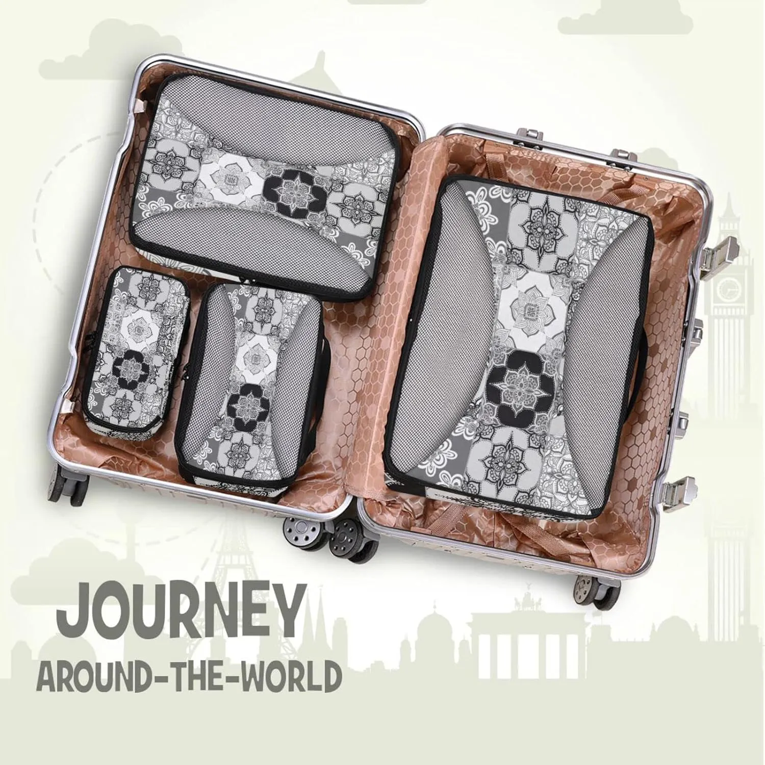 Tribal Moroccan Portuguese Tiles Ornaments Black White Pattern 4 Set Packing Cubes, Travel Packing Organizers, 600D Oxford Cloth Toiletry Storage Bag, Luggage Mesh Bags for Accessories