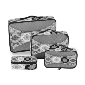 Tribal Moroccan Portuguese Tiles Ornaments Black White Pattern 4 Set Packing Cubes, Travel Packing Organizers, 600D Oxford Cloth Toiletry Storage Bag, Luggage Mesh Bags for Accessories
