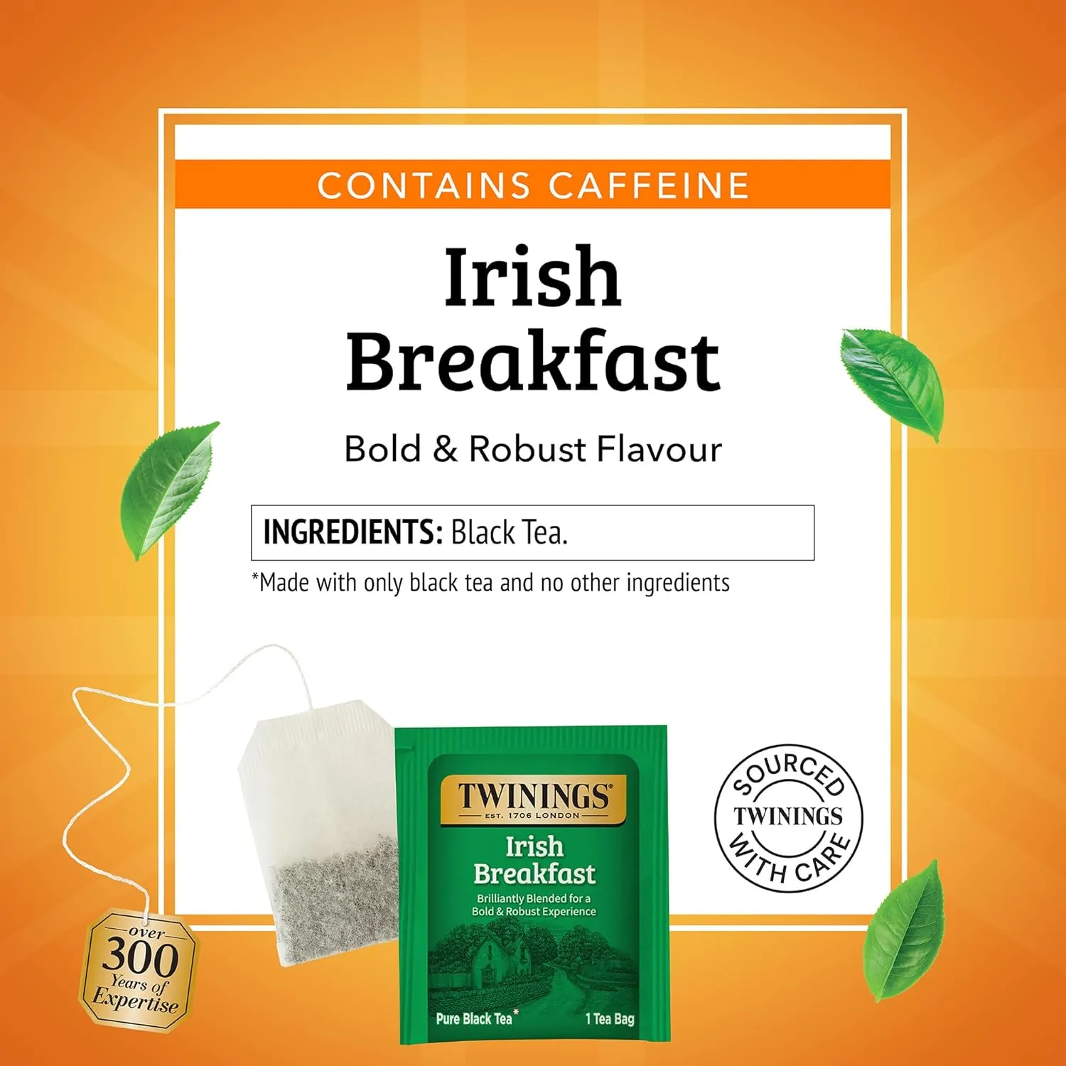 Twinings Irish Breakfast Black Tea Individually Wrapped Bags, 50 Count (Pack of 6), Flavourful, Bold, Robust, Caffeinated, Enjoy Hot or Iced, 300 Teabags