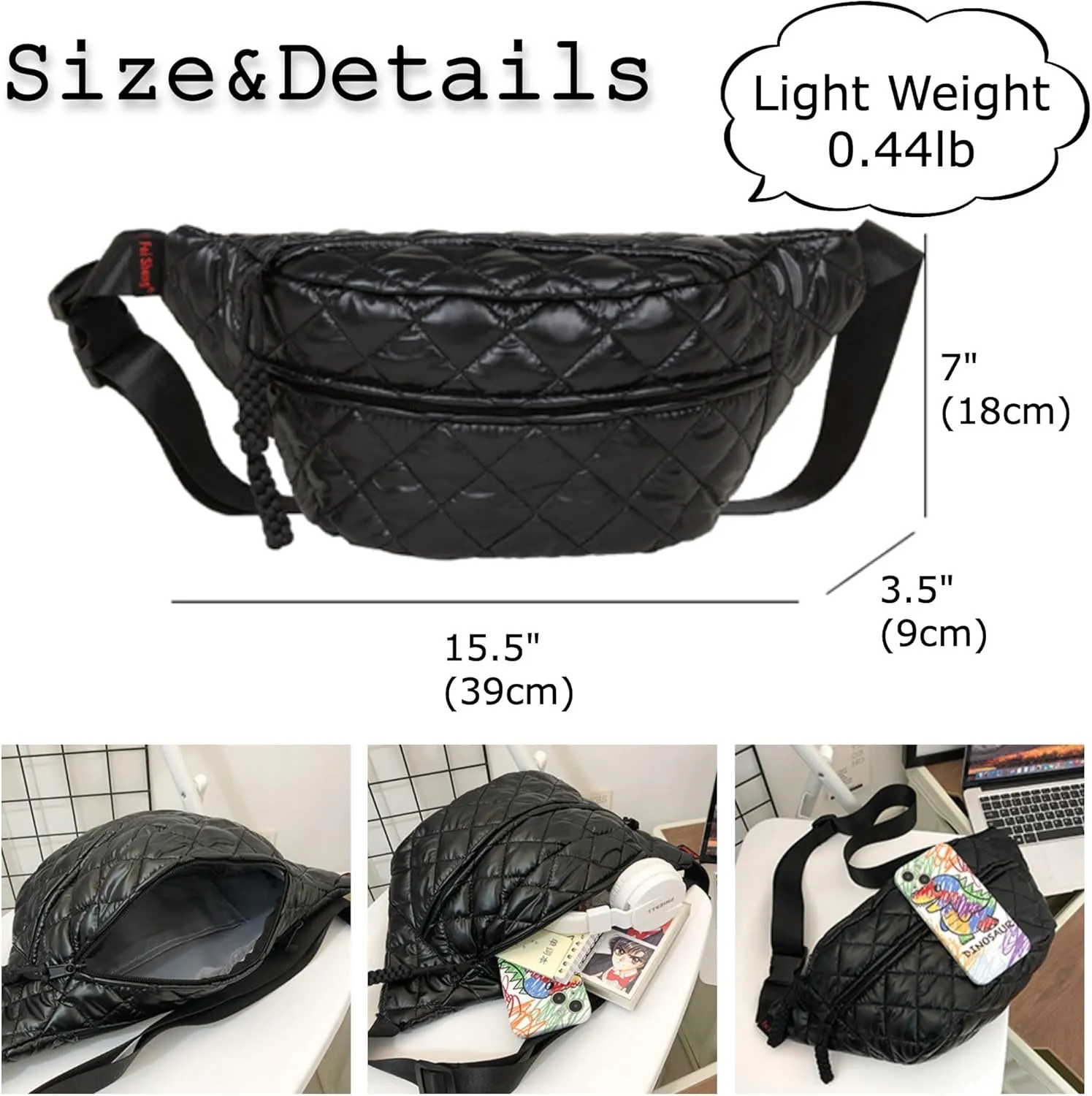 TWO KAT Metalic Quilted Chest Fanny Pack Crossbody Bag with Multi Pockets & Adjustable Strap, Fashionable Men Women Sling Backpack, Casual Waist Belt bag (Pink)