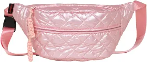 TWO KAT Metalic Quilted Chest Fanny Pack Crossbody Bag with Multi Pockets & Adjustable Strap, Fashionable Men Women Sling Backpack, Casual Waist Belt bag (Pink)