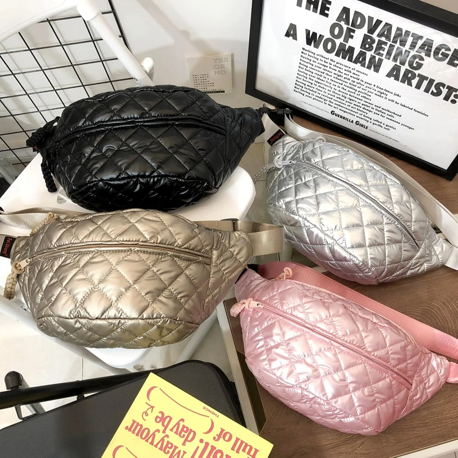 TWO KAT Metalic Quilted Chest Fanny Pack Crossbody Bag with Multi Pockets & Adjustable Strap, Fashionable Men Women Sling Backpack, Casual Waist Belt bag (Pink)