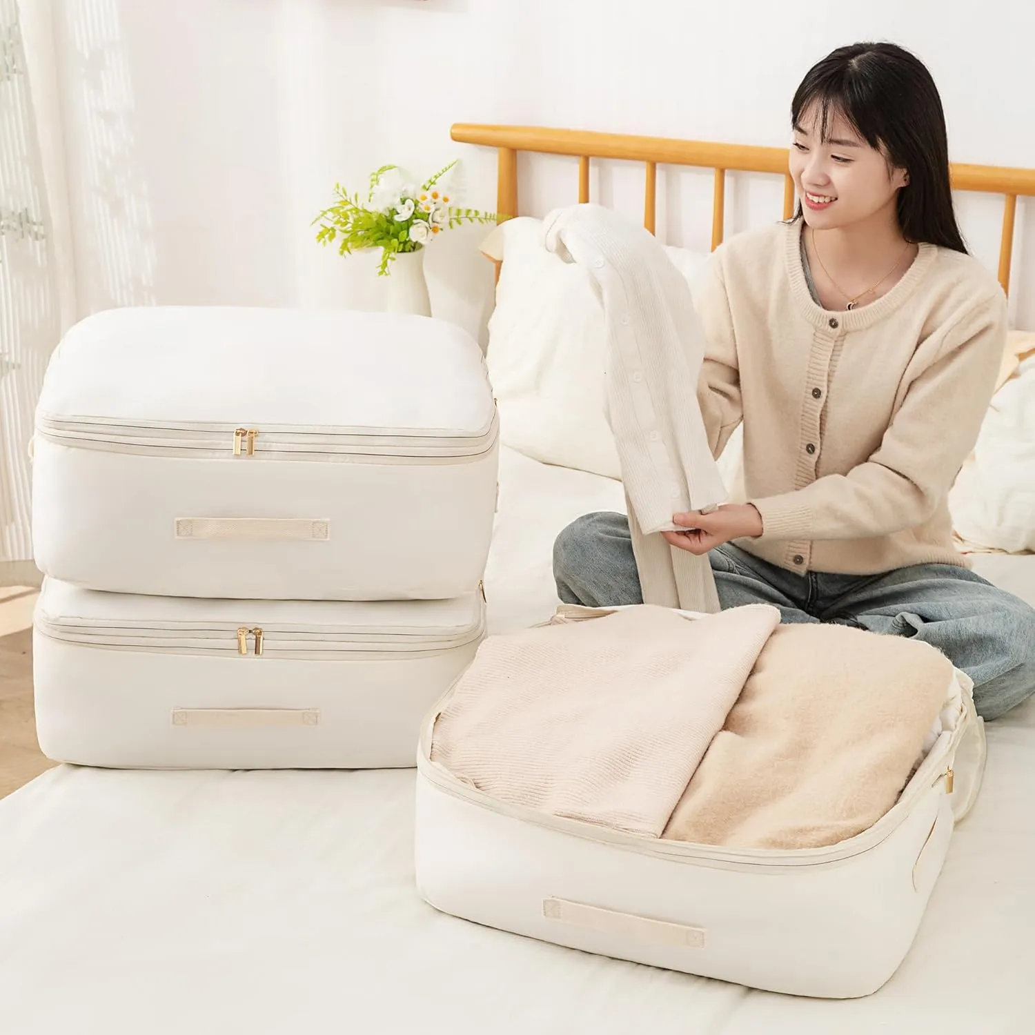 Ultra Space Saving Self Compression Organizer, Comforter Storage Bag for Clothes, Blankets, Pillows, Duvet, Comforters, Bedding Sets and Much More (Blue,X-L - 54 * 42 * 60cm)