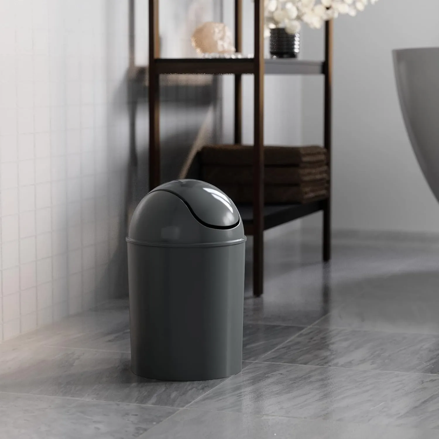 Umbra 1.25-Gallon Mini Waste Can w/Swing-Top Lid - Small Garbage Bin for Compact Spaces Under Tables & Counters, Miniature Trashcan, Removable Lid for Kitchens Bathrooms Bedrooms Dorms, Dark Grey