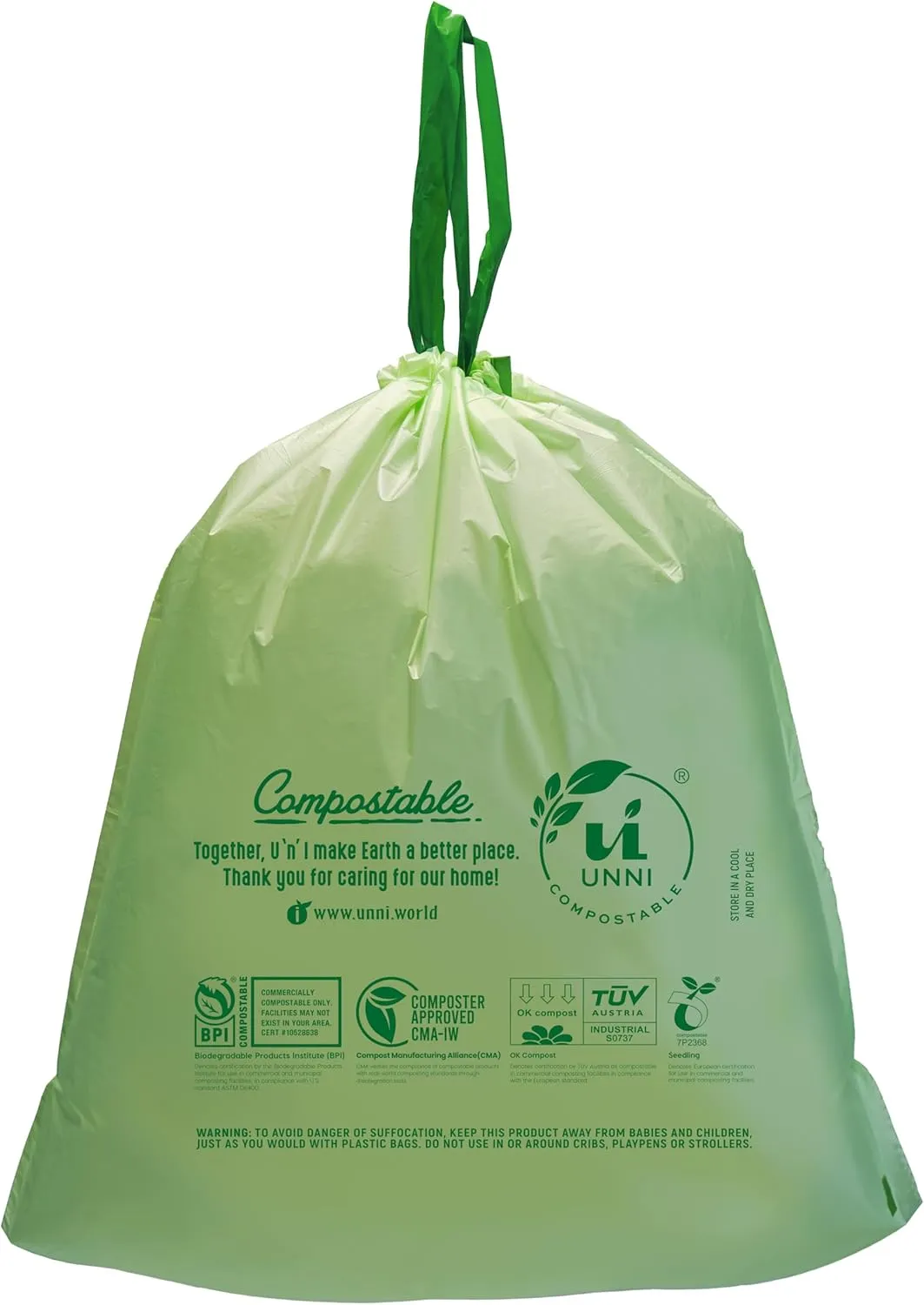 UNNI Compostable Drawstring Bags, 1.2 Gallon, 4.5 Liter, 80 Count, Heavy Duty 1 Mil, Small Kitchen Food Scrap Waste Bags, ASTM D6400, US BPI, CMA & Europe OK compost Certified, San Francisco