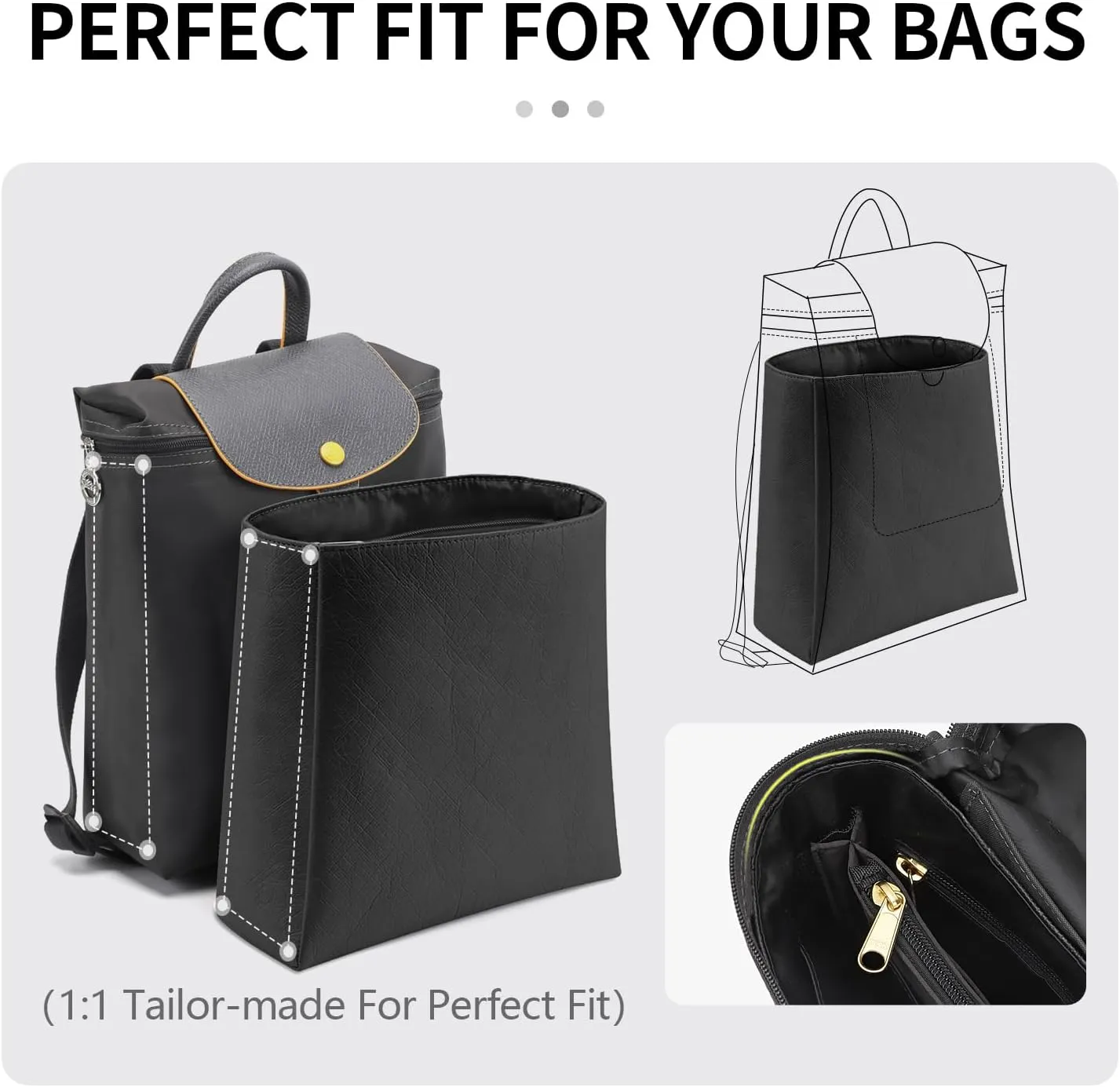 Upgraded Backpack Organizer Insert Compatible with Longchamp Organizer Insert, Dupont Paper Inner Fit for Le Pliage Xtra/Original/Green M Backpack (Black, M)