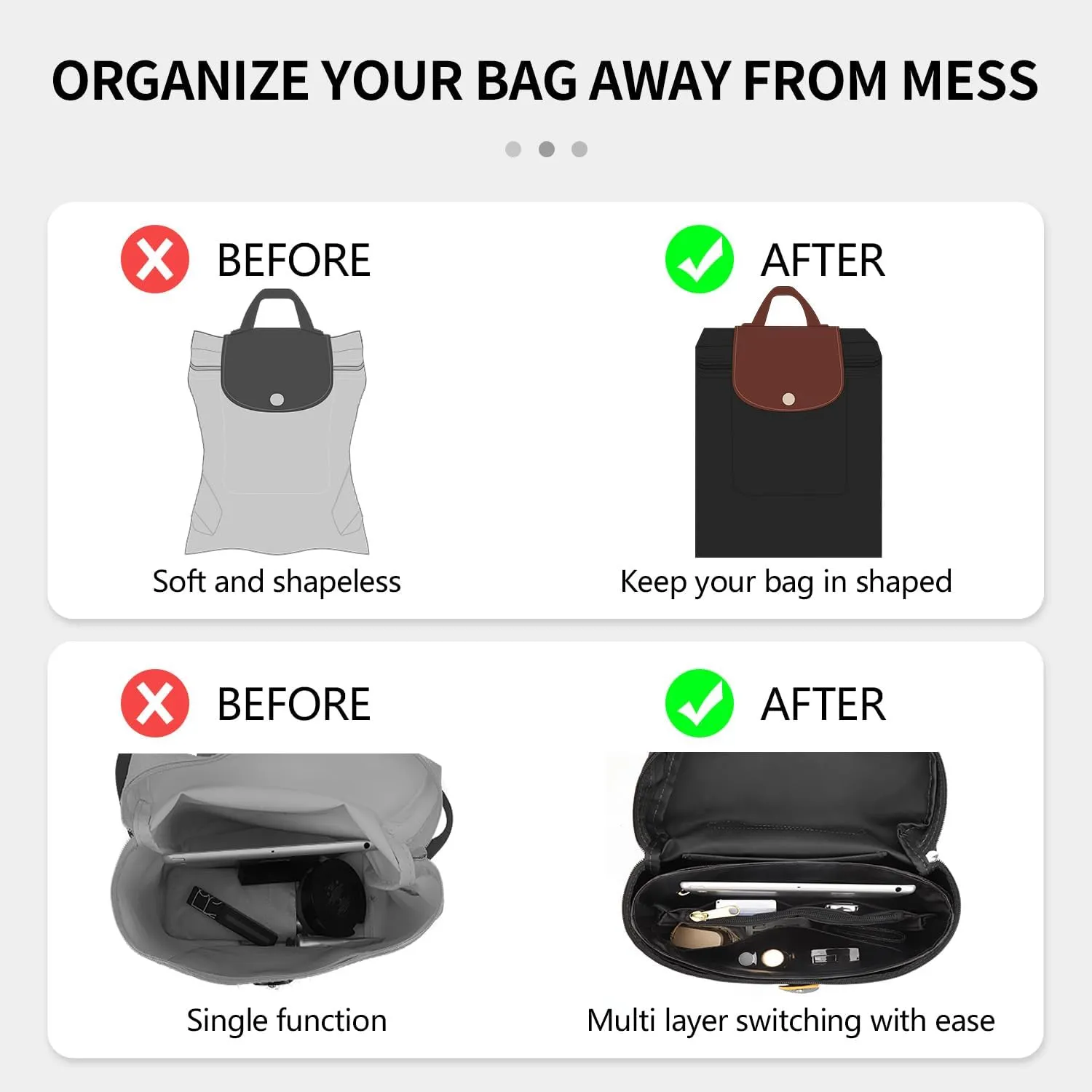 Upgraded Backpack Organizer Insert Compatible with Longchamp Organizer Insert, Dupont Paper Inner Fit for Le Pliage Xtra/Original/Green M Backpack (Black, M)