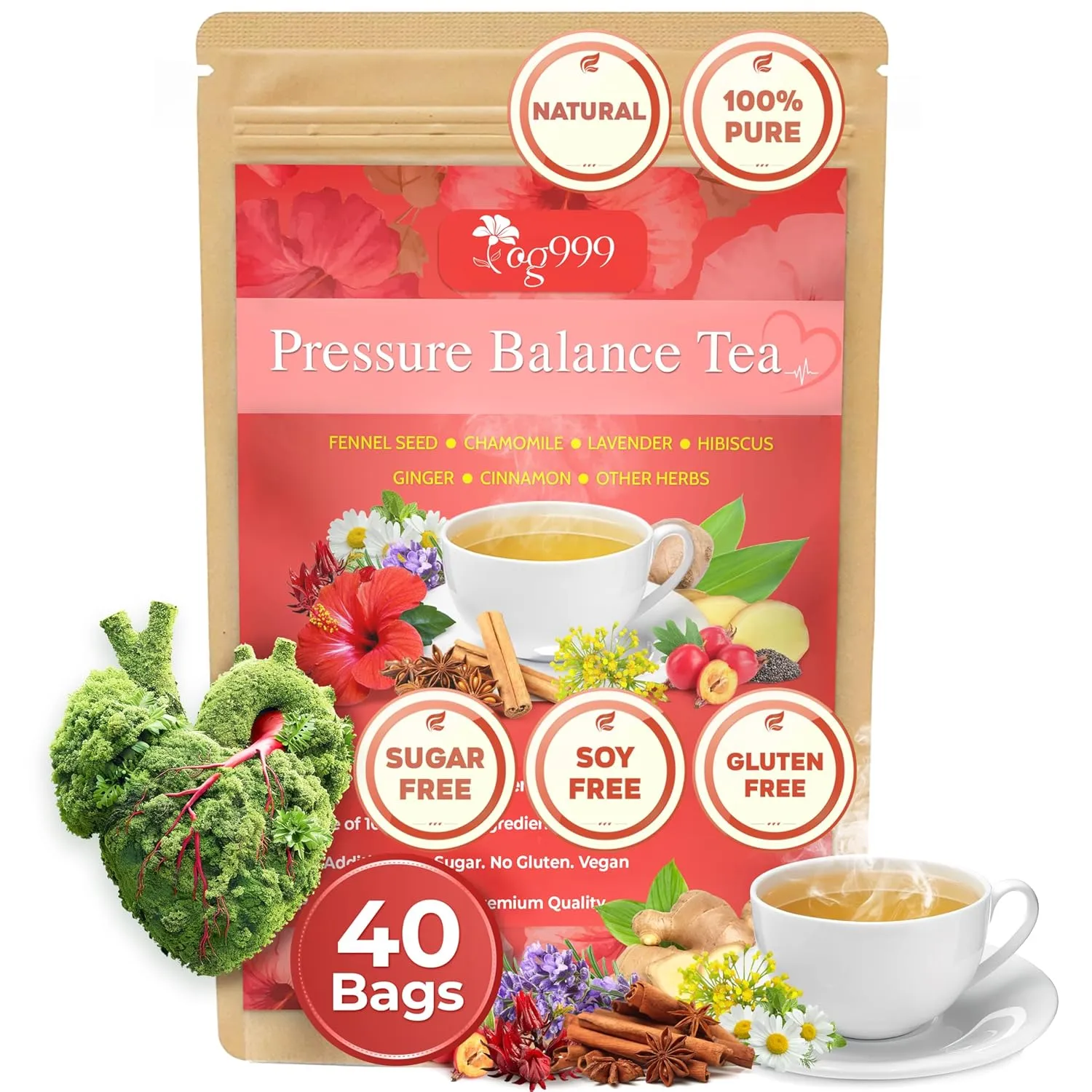 Upgraded Pressure Balance Herbal Tea - 40 Tea Bags, 3.5 oz | Heart Functional Tea | Blend of 9 Natural Herbs | Caffeine-Free, Sugar-Free, Vegan-Friendly (40 Tea bags - 3,5 oz)