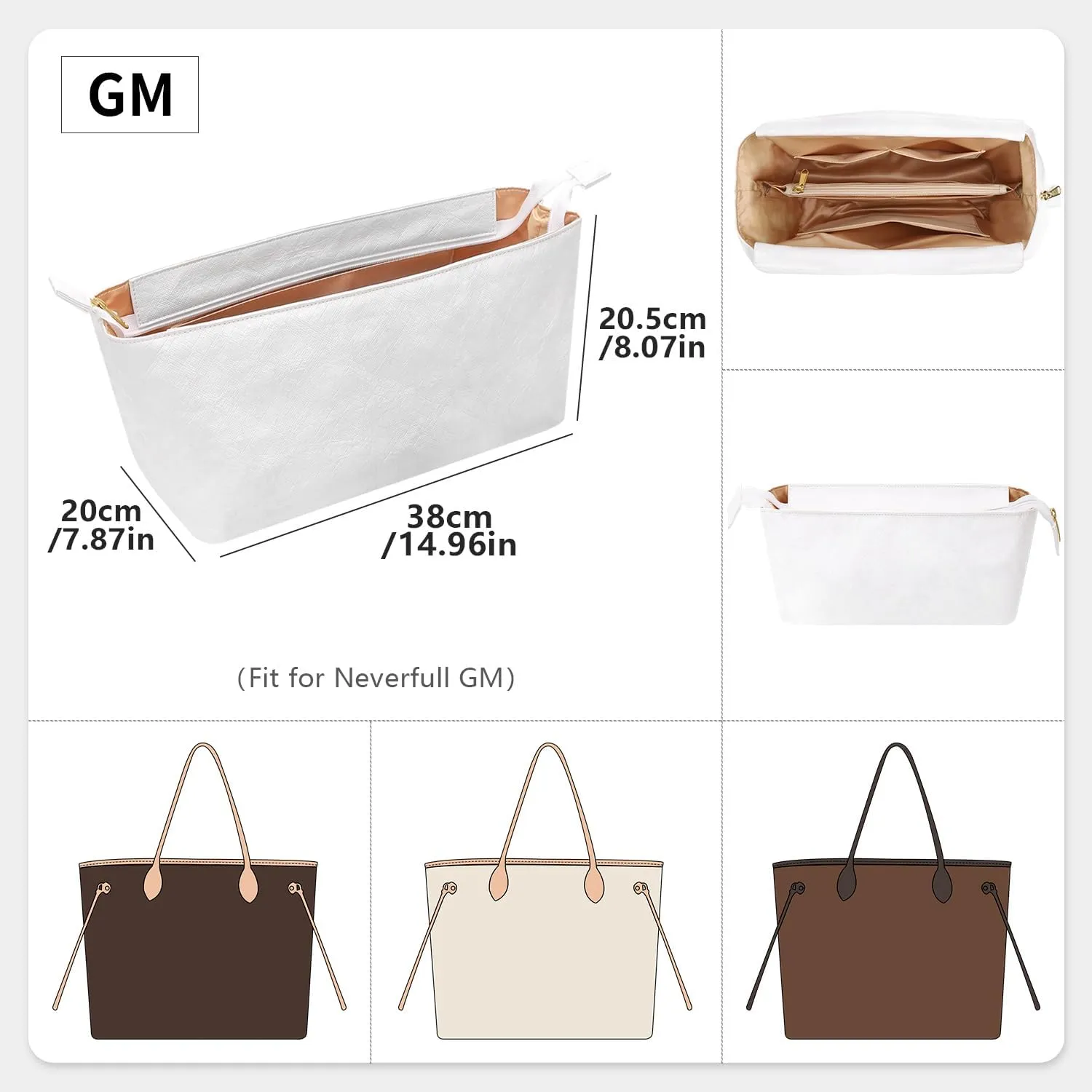 Upgraded Tote Bag Organizer Insert Compatible with LV Neverfull GM, Lightweight Dupontpaper Purse Insert for Women Handbag with Zip and Pockets (White, GM)