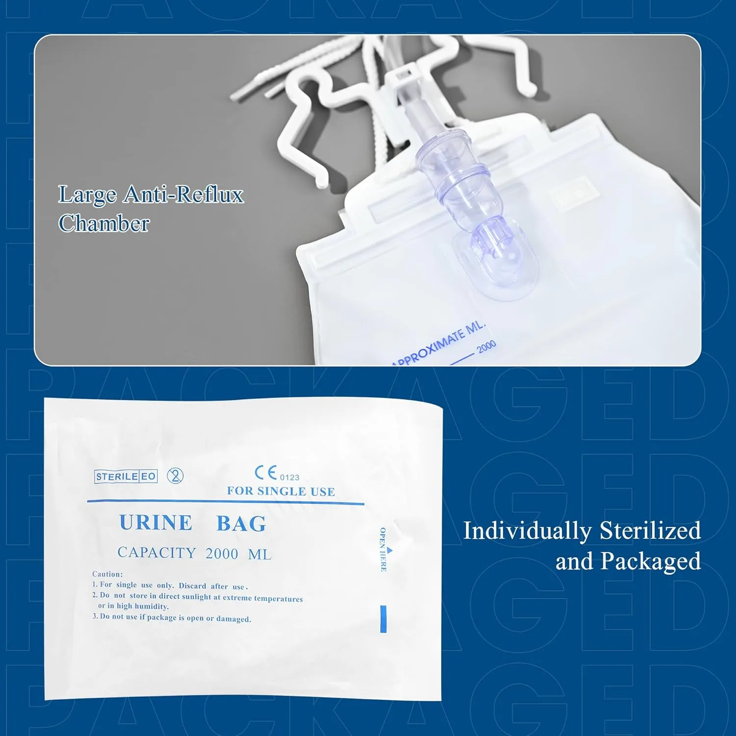 Urinary Drainage Bag 2000ml, 10 Pack Catheter Bags for Women and Men, Professional Urinary Drainage Bags with Anti-Reflux Chamber, 48” Drainage Tube, Adjustable Clips & Hanging Hook
