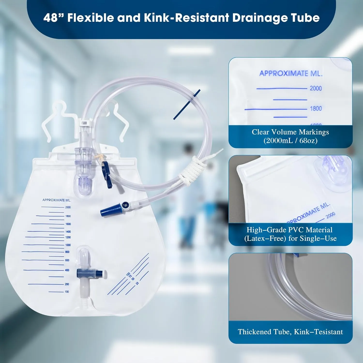 Urinary Drainage Bag 2000ml, 10 Pack Catheter Bags for Women and Men, Professional Urinary Drainage Bags with Anti-Reflux Chamber, 48” Drainage Tube, Adjustable Clips & Hanging Hook