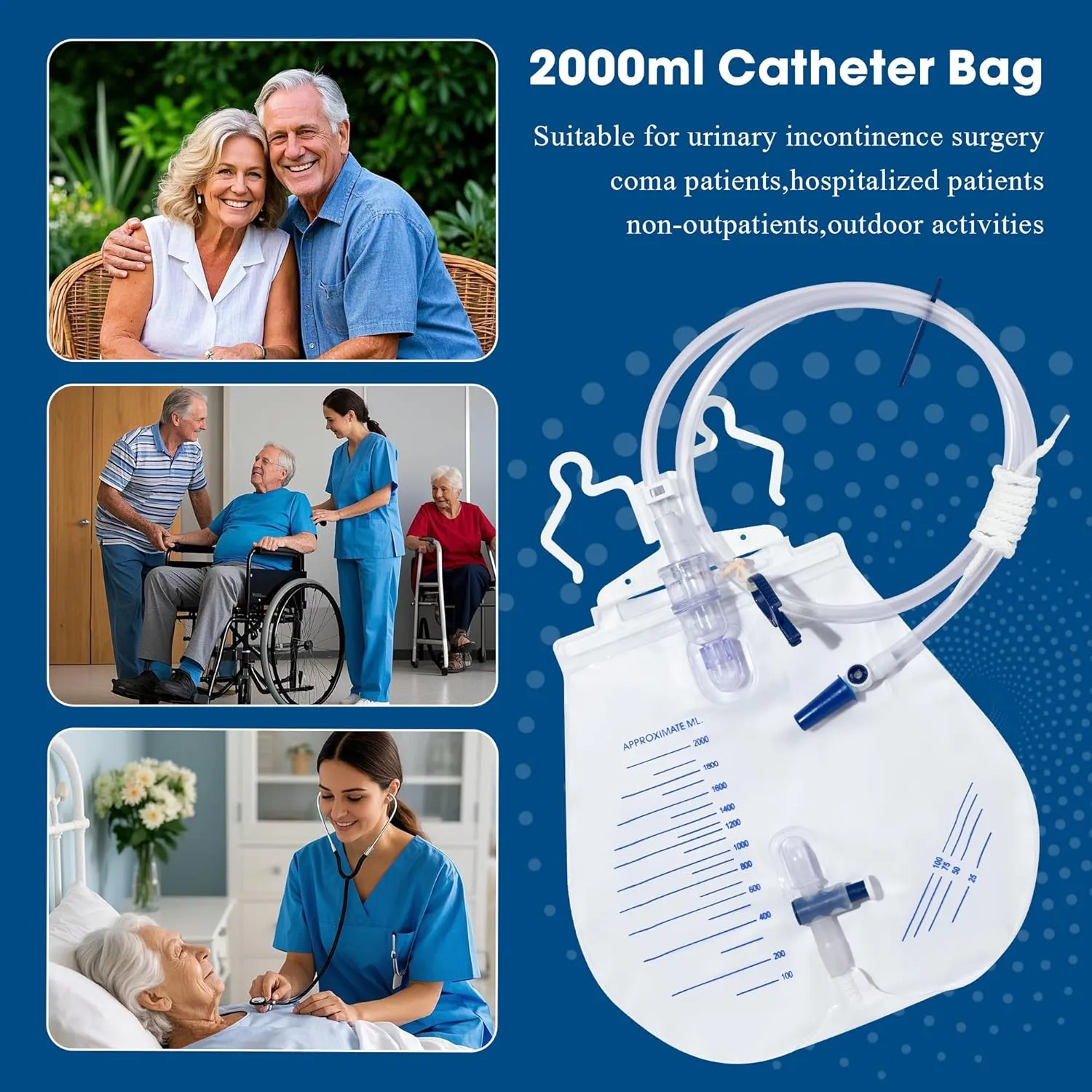 Urinary Drainage Bag 2000ml, 10 Pack Catheter Bags for Women and Men, Professional Urinary Drainage Bags with Anti-Reflux Chamber, 48” Drainage Tube, Adjustable Clips & Hanging Hook