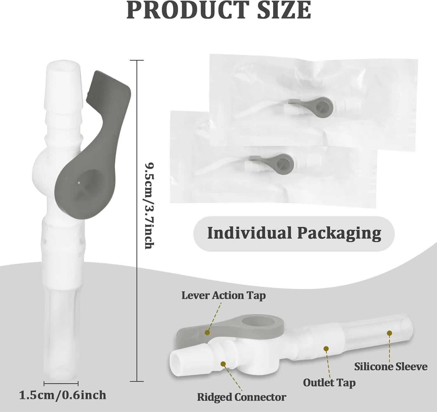 Urinary Drainage Bag Valve with Silicone Extension Tubing, Easy-Flow Control Valve and Leak-Proof Design for Leg and Bedside Bags, 10 Pack Grey