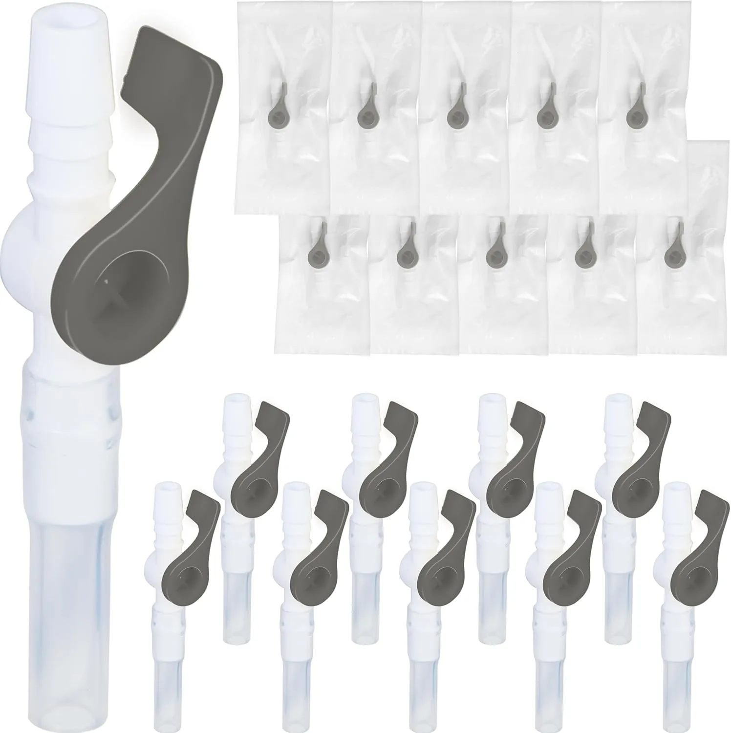 Urinary Drainage Bag Valve with Silicone Extension Tubing, Easy-Flow Control Valve and Leak-Proof Design for Leg and Bedside Bags, 10 Pack Grey