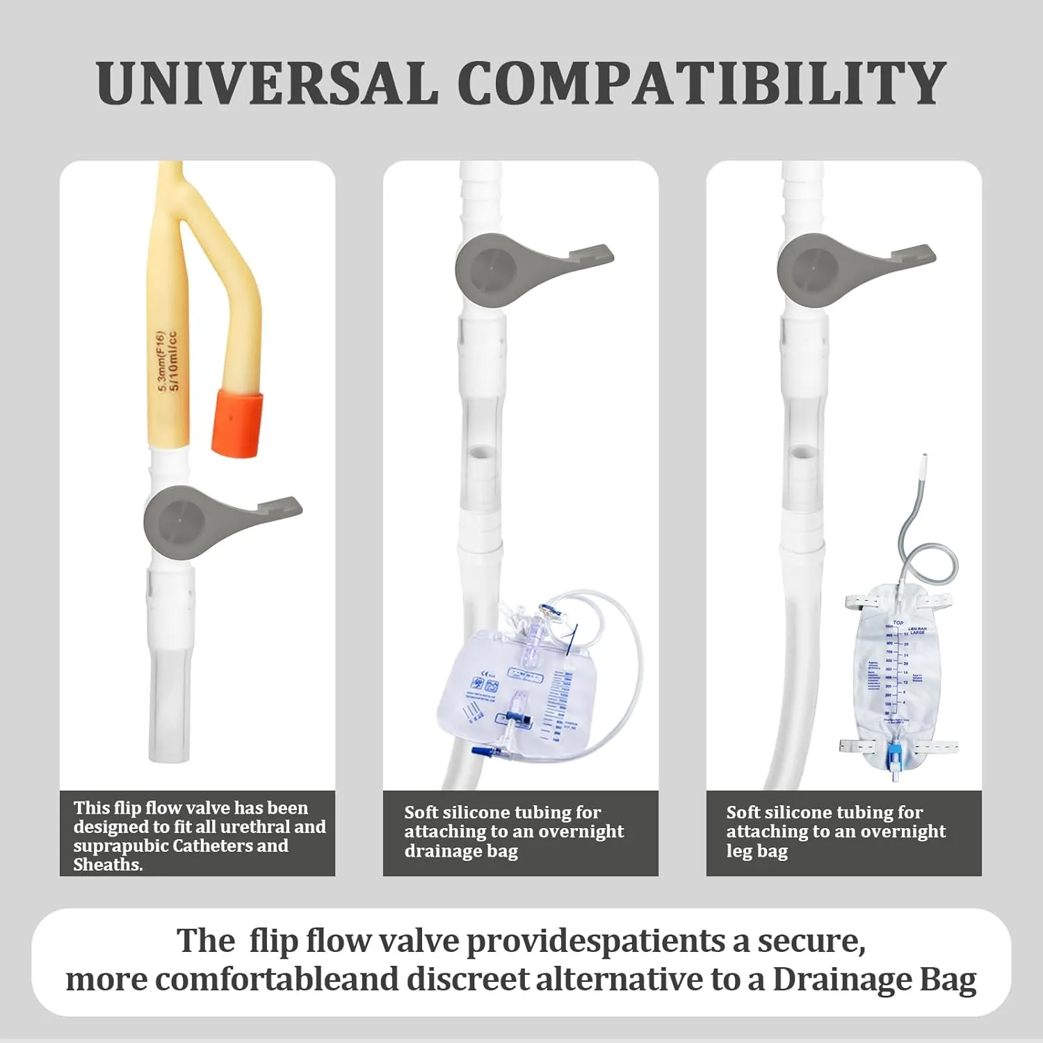 Urinary Drainage Bag Valve with Silicone Extension Tubing, Easy-Flow Control Valve and Leak-Proof Design for Leg and Bedside Bags, 10 Pack Grey
