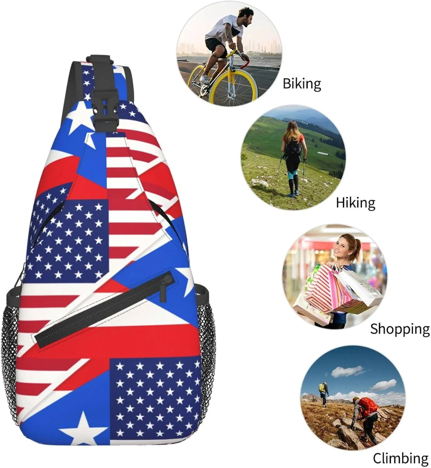 USA And Puerto Rico National Flag Sling Bag Adjustable Chest Bags Casual Crossbody Bag Travel Shoulder Backpack