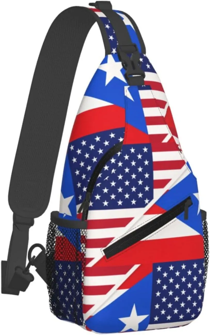 USA And Puerto Rico National Flag Sling Bag Adjustable Chest Bags Casual Crossbody Bag Travel Shoulder Backpack