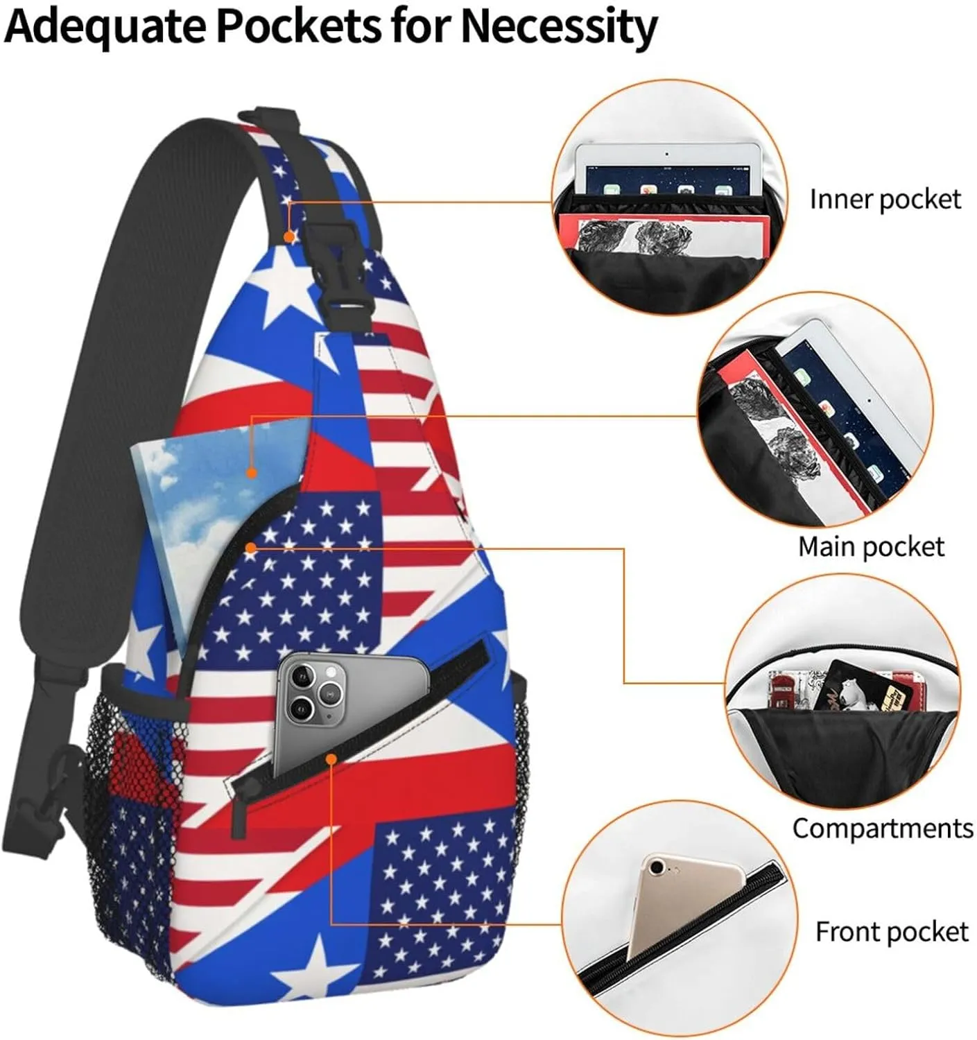 USA And Puerto Rico National Flag Sling Bag Adjustable Chest Bags Casual Crossbody Bag Travel Shoulder Backpack