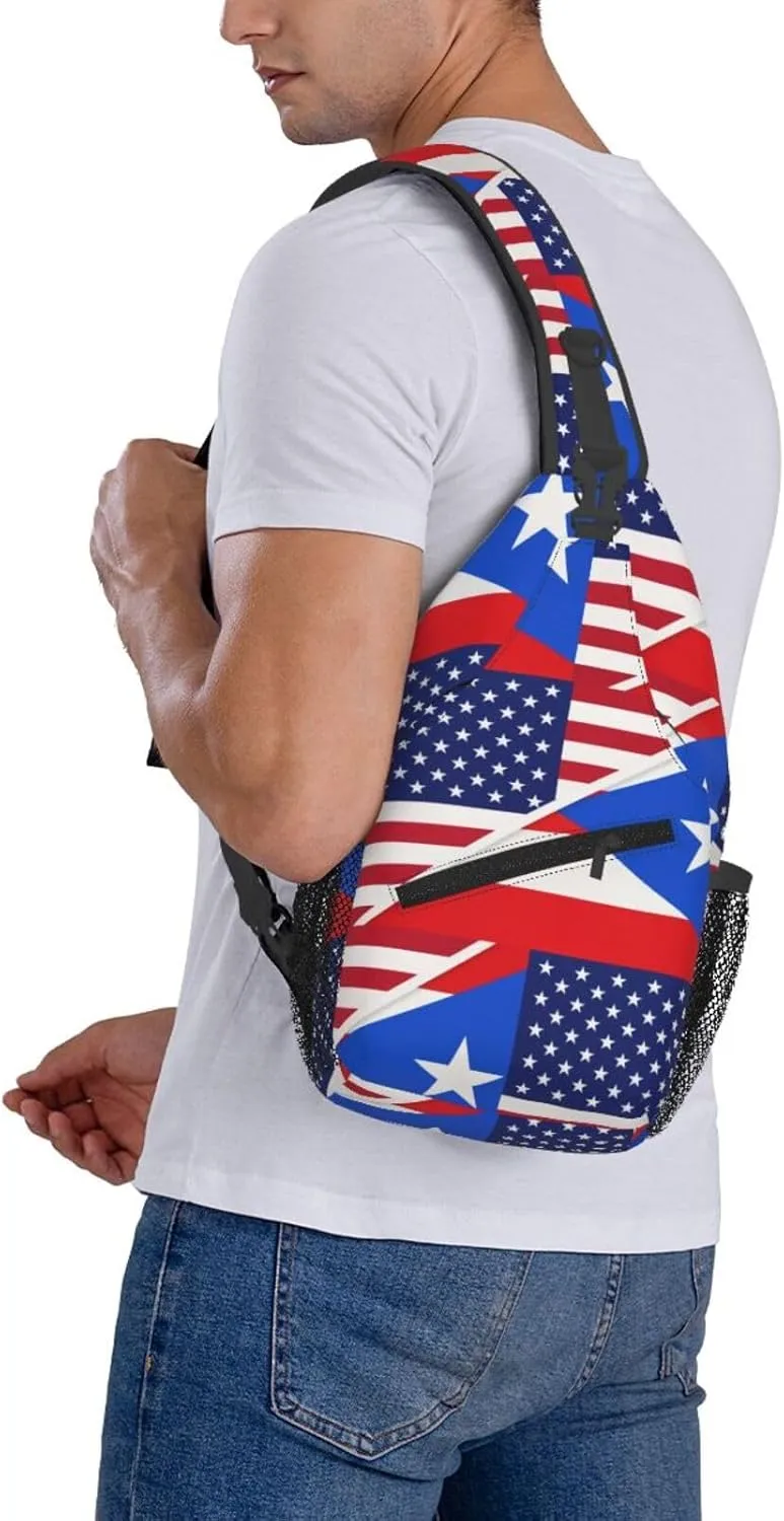 USA And Puerto Rico National Flag Sling Bag Adjustable Chest Bags Casual Crossbody Bag Travel Shoulder Backpack