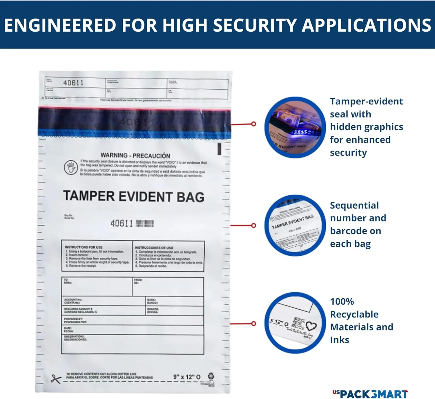 USPACKSMART 12”x16" Opaque Plastic Deposit Bags with Security Tape Tamper Evident - Secure Bank Deposits, Cash Handling, & Currency Transport | Self-Sealing Tape with Hidden Graphics | 100-Pack