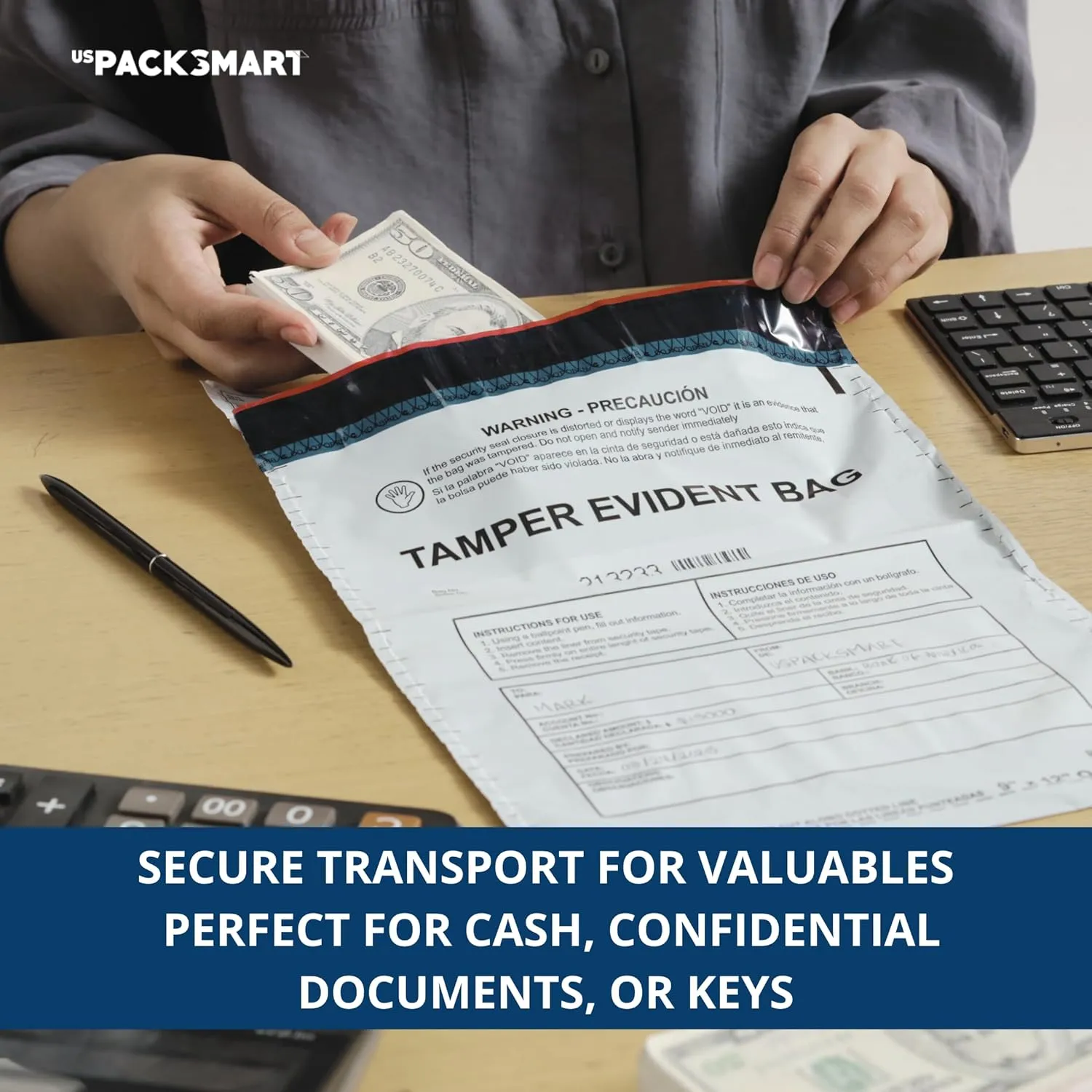 USPACKSMART 12”x16" Opaque Plastic Deposit Bags with Security Tape Tamper Evident - Secure Bank Deposits, Cash Handling, & Currency Transport | Self-Sealing Tape with Hidden Graphics | 100-Pack