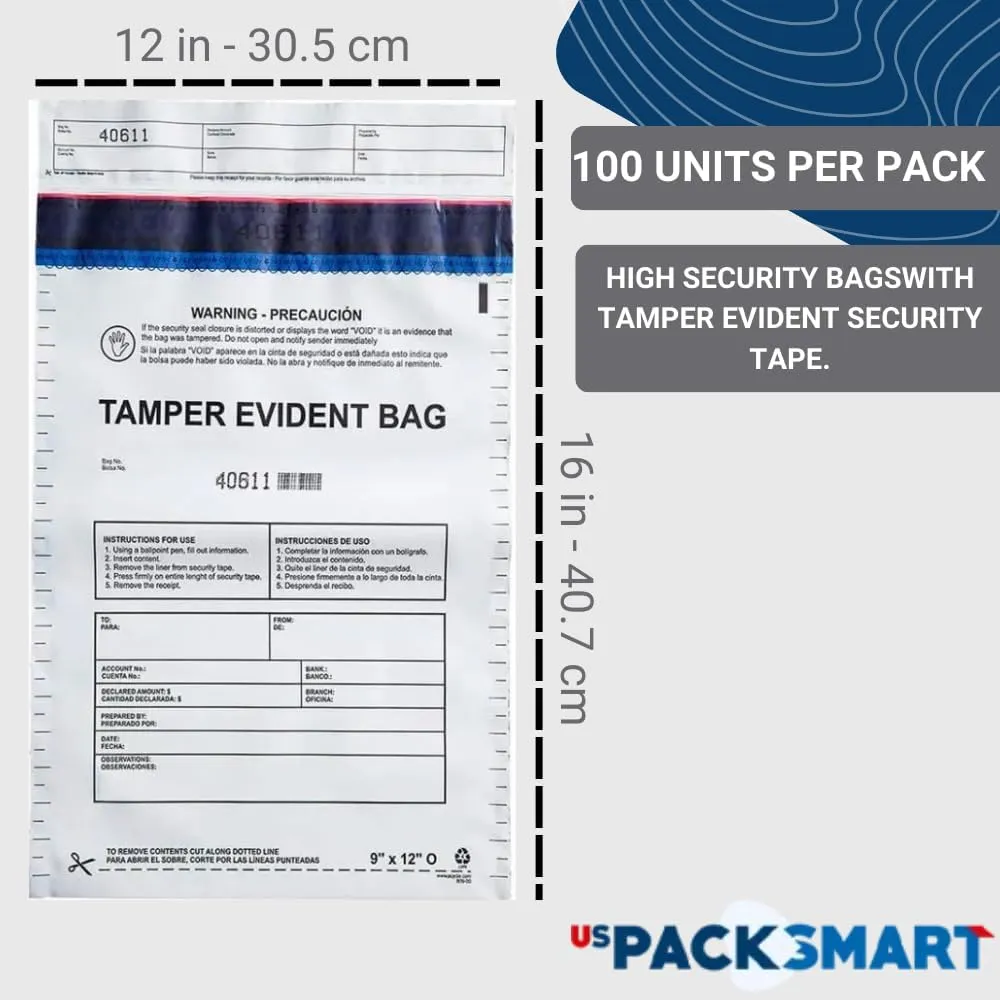 USPACKSMART 12”x16" Opaque Plastic Deposit Bags with Security Tape Tamper Evident - Secure Bank Deposits, Cash Handling, & Currency Transport | Self-Sealing Tape with Hidden Graphics | 100-Pack