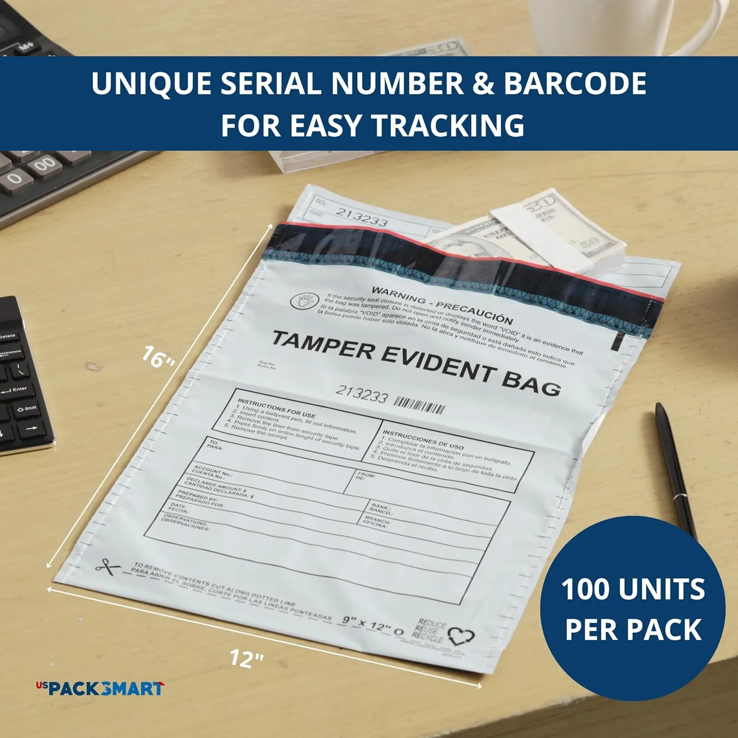 USPACKSMART 12”x16" Opaque Plastic Deposit Bags with Security Tape Tamper Evident - Secure Bank Deposits, Cash Handling, & Currency Transport | Self-Sealing Tape with Hidden Graphics | 100-Pack