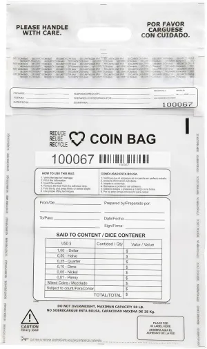 USPACKSMART Clear Plastic Coin Bag 12.5" x 21.5" | 50 lb. Capacity | Sequential Barcode Number, Self-Sealing, Permanent Adhesive | Ideal for Handling and Transport of Coins and Casino Chips | 50-Pack