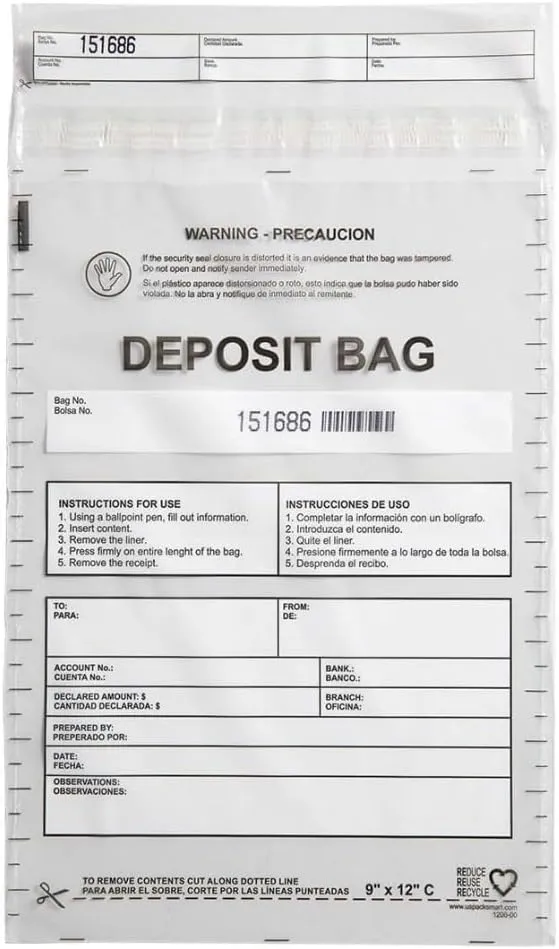 USPACKSMART Clear Plastic Deposit Bags 9"x12" | Secure Bank Deposits, Cash Handling or Safe Currency Transportation | Sequential Barcodes | Tamper-Evident | Tear-Off Receipt for Security | 100-Pack