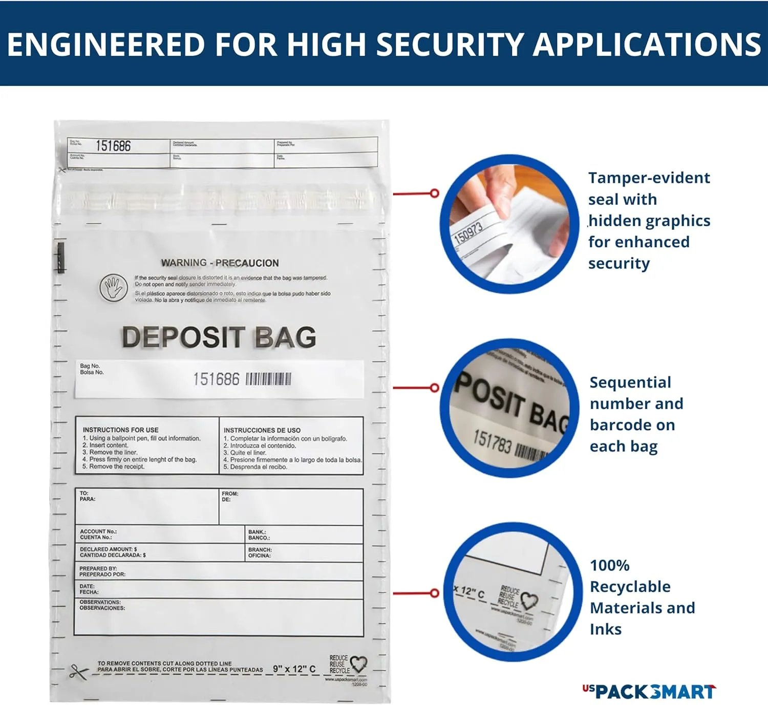 USPACKSMART Clear Plastic Deposit Bags 9"x12" | Secure Bank Deposits, Cash Handling or Safe Currency Transportation | Sequential Barcodes | Tamper-Evident | Tear-Off Receipt for Security | 100-Pack