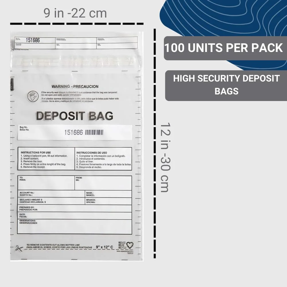 USPACKSMART Clear Plastic Deposit Bags 9"x12" | Secure Bank Deposits, Cash Handling or Safe Currency Transportation | Sequential Barcodes | Tamper-Evident | Tear-Off Receipt for Security | 100-Pack