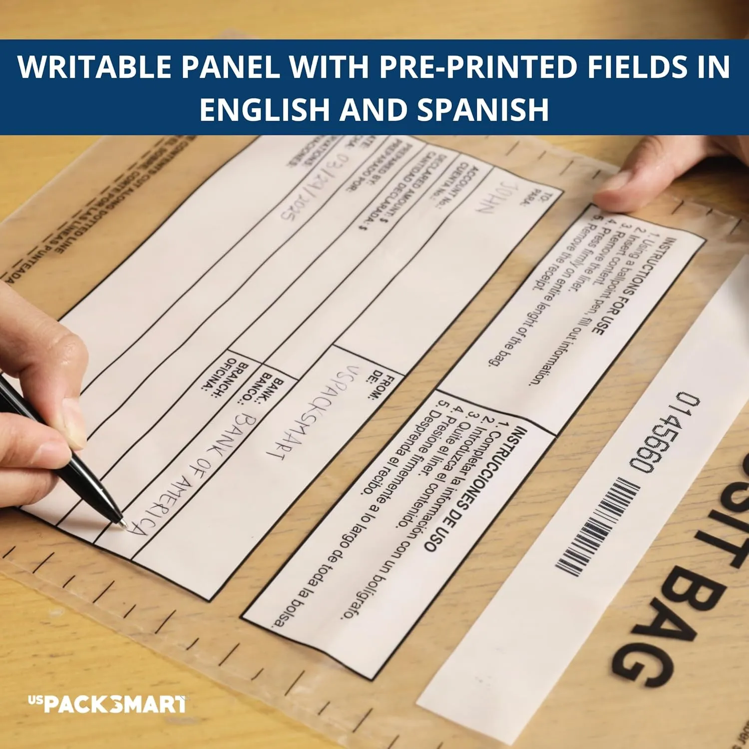 USPACKSMART Clear Plastic Deposit Bags 9"x12" | Secure Bank Deposits, Cash Handling or Safe Currency Transportation | Sequential Barcodes | Tamper-Evident | Tear-Off Receipt for Security | 100-Pack