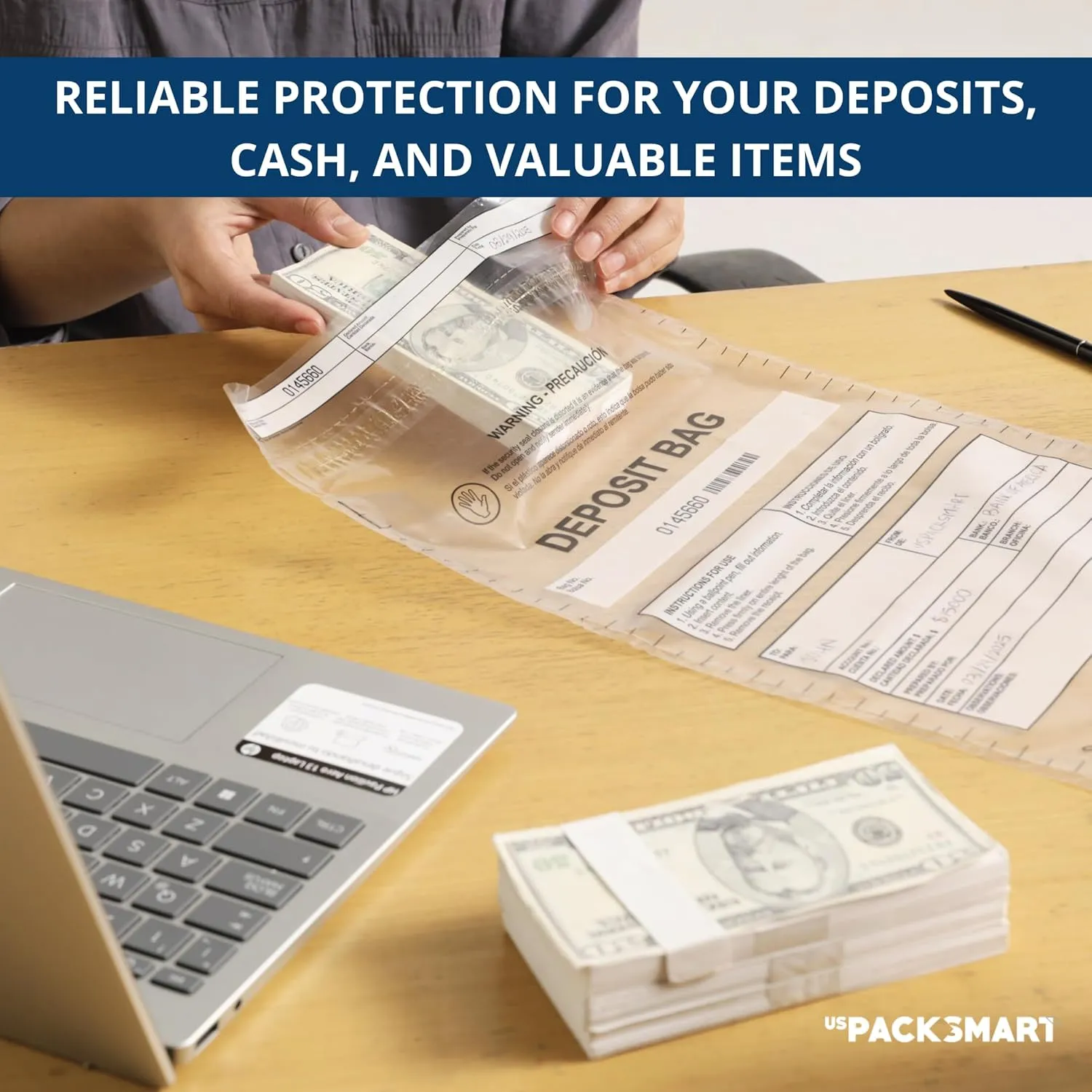 USPACKSMART Clear Plastic Deposit Bags 9"x12" | Secure Bank Deposits, Cash Handling or Safe Currency Transportation | Sequential Barcodes | Tamper-Evident | Tear-Off Receipt for Security | 100-Pack