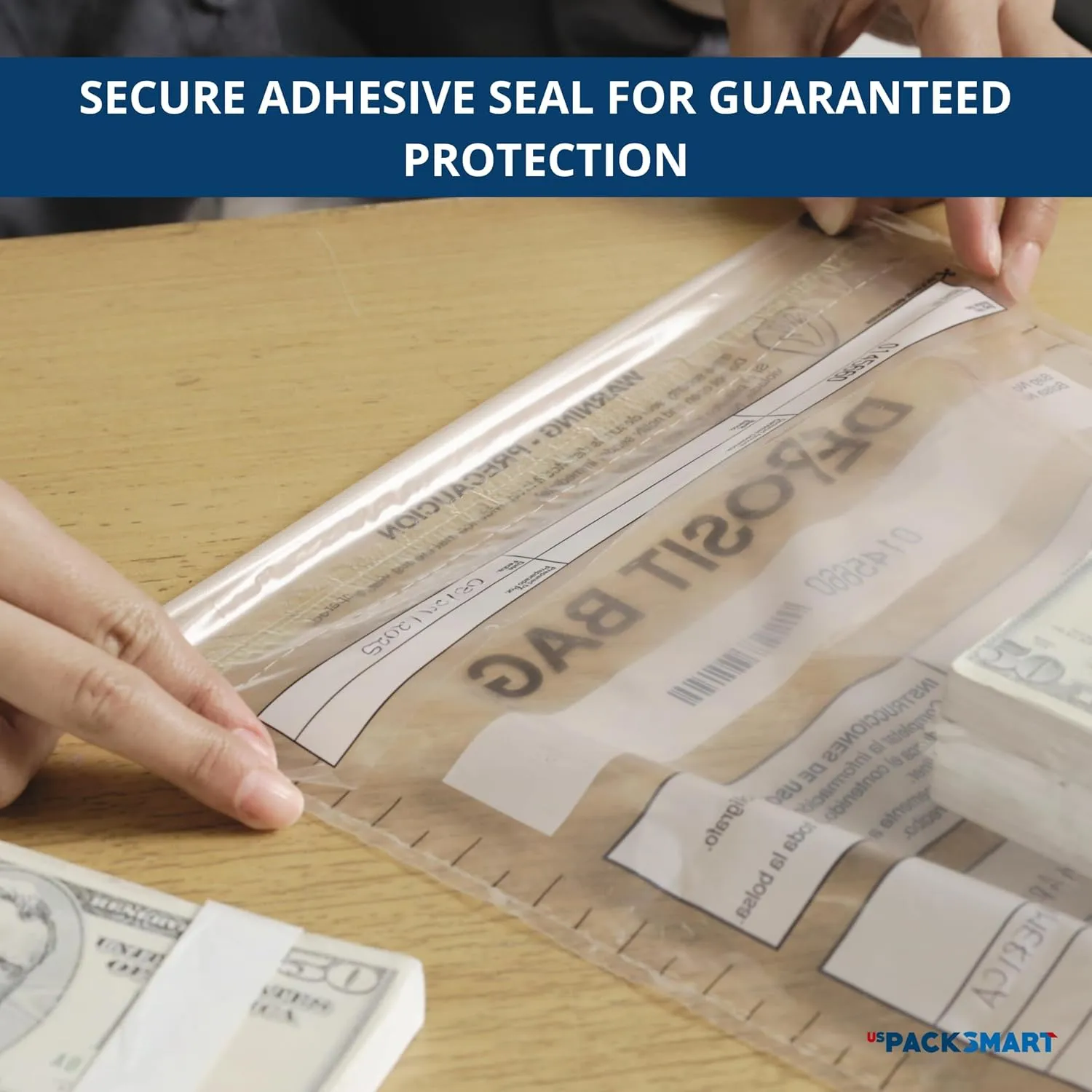 USPACKSMART Clear Plastic Deposit Bags 9"x12" | Secure Bank Deposits, Cash Handling or Safe Currency Transportation | Sequential Barcodes | Tamper-Evident | Tear-Off Receipt for Security | 100-Pack