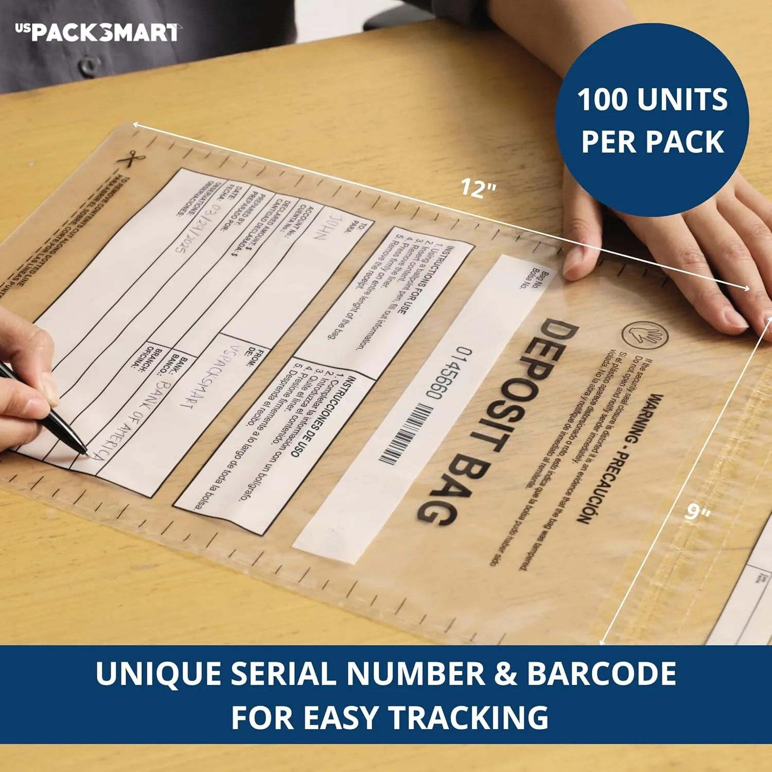 USPACKSMART Clear Plastic Deposit Bags 9"x12" | Secure Bank Deposits, Cash Handling or Safe Currency Transportation | Sequential Barcodes | Tamper-Evident | Tear-Off Receipt for Security | 100-Pack