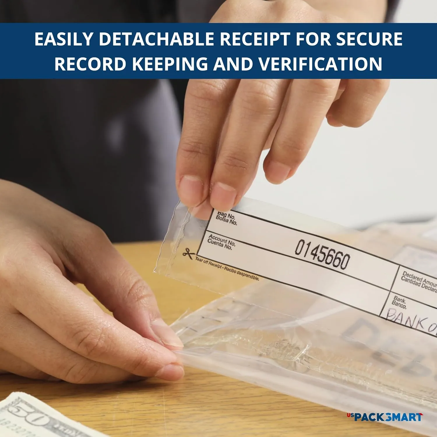 USPACKSMART Clear Plastic Deposit Bags 9"x12" | Secure Bank Deposits, Cash Handling or Safe Currency Transportation | Sequential Barcodes | Tamper-Evident | Tear-Off Receipt for Security | 100-Pack