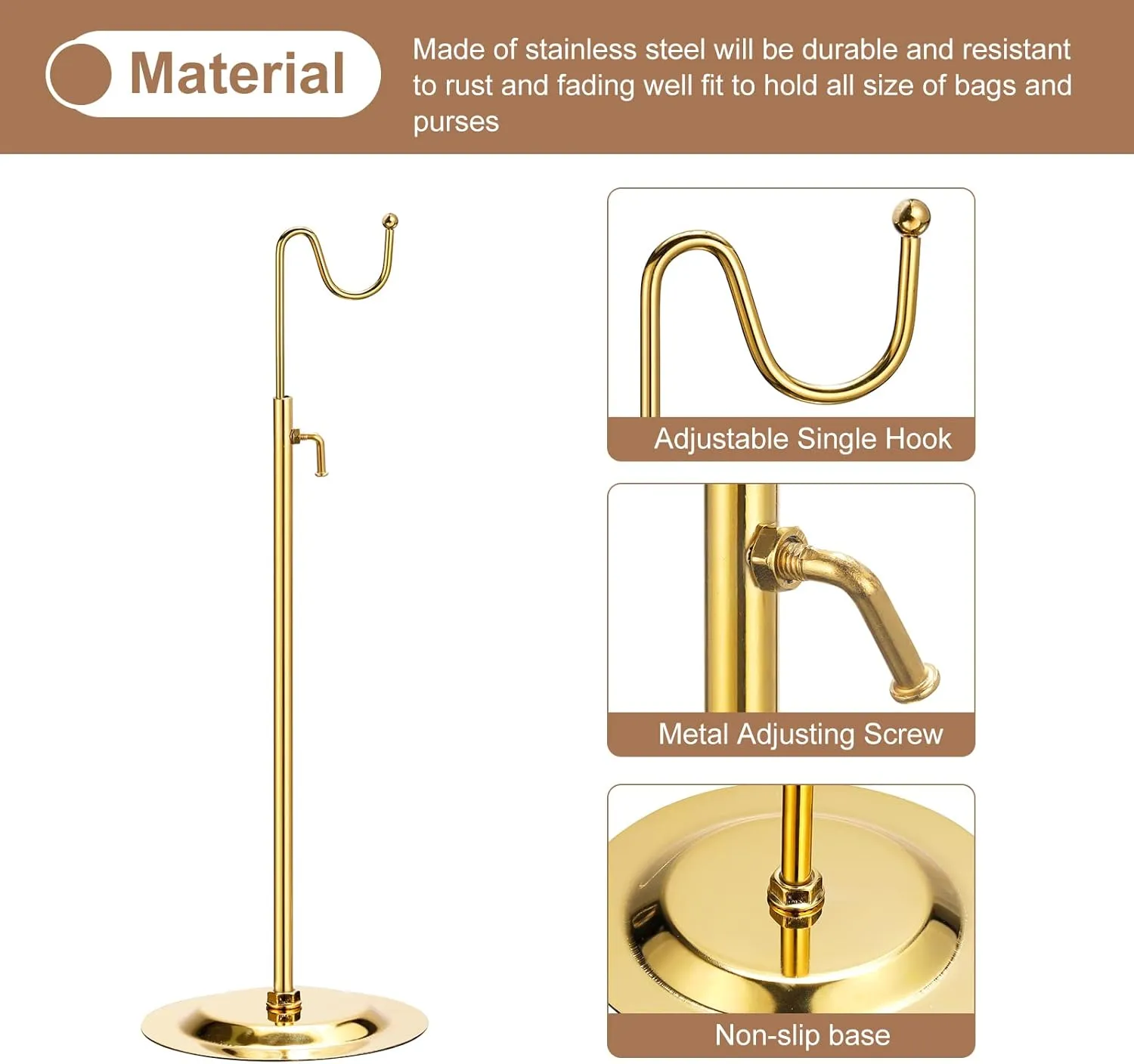 uxcell Purse Display Stand Adjustable Tabletop Single Hook Handbag Rack Stainless Steel Bag Holder for Retail Boutique Store - Gold