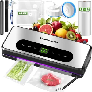 Vacuum Sealer Machine Bag Roll&Mason Jars&Reusable Vacuum Seal Bags, 90kpa Powerful Suction, Build-in Cutter, 6-in-1 Food Sealer, Kitchen UV Compact Vacuum Machine, Food Saver Vacuum Sealer Machine