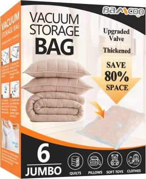 Vacuum Storage Bags 6 Jumbo Upgraded Vacuum Seal Bags for Clothing Bedding Blankets and Comforters, Space Bag Vaccine Sealed Compression Bag Suction for Storage Packing Travel Lugggage Jumbo