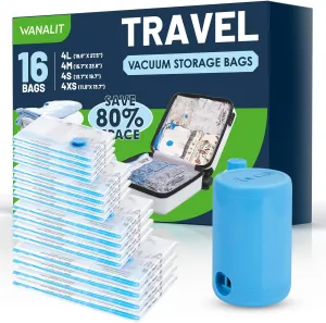 Vacuum Storage Bags for Travel, 16 Pack (4L 4M 4S 4XS) Vacuum Seal Bags with Wireless Rechargeable Electric Pump, Travel Essentials Space Saving Bag for Clothes, Luggage, Carry-on Suitcase, Backpack