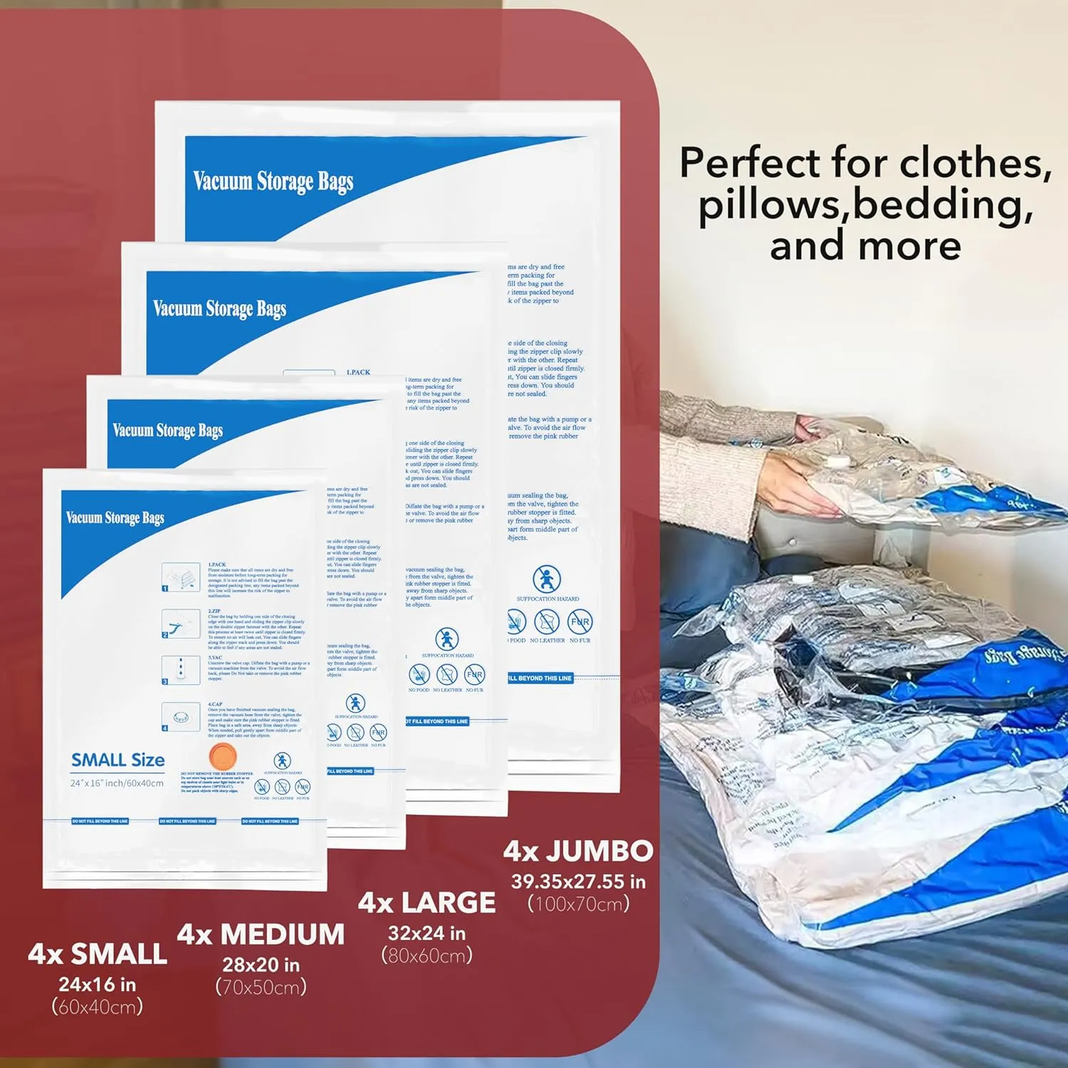 Vacuum Storage Bags with Electric Air Pump 16 Combo (4 Jumbo/4 Large/4 Medium/4 Small), Travel Vacuum Bags For Luggage, Airtight Compression Bags for Clothes, Pillows, Comforters, Blankets, Bedding