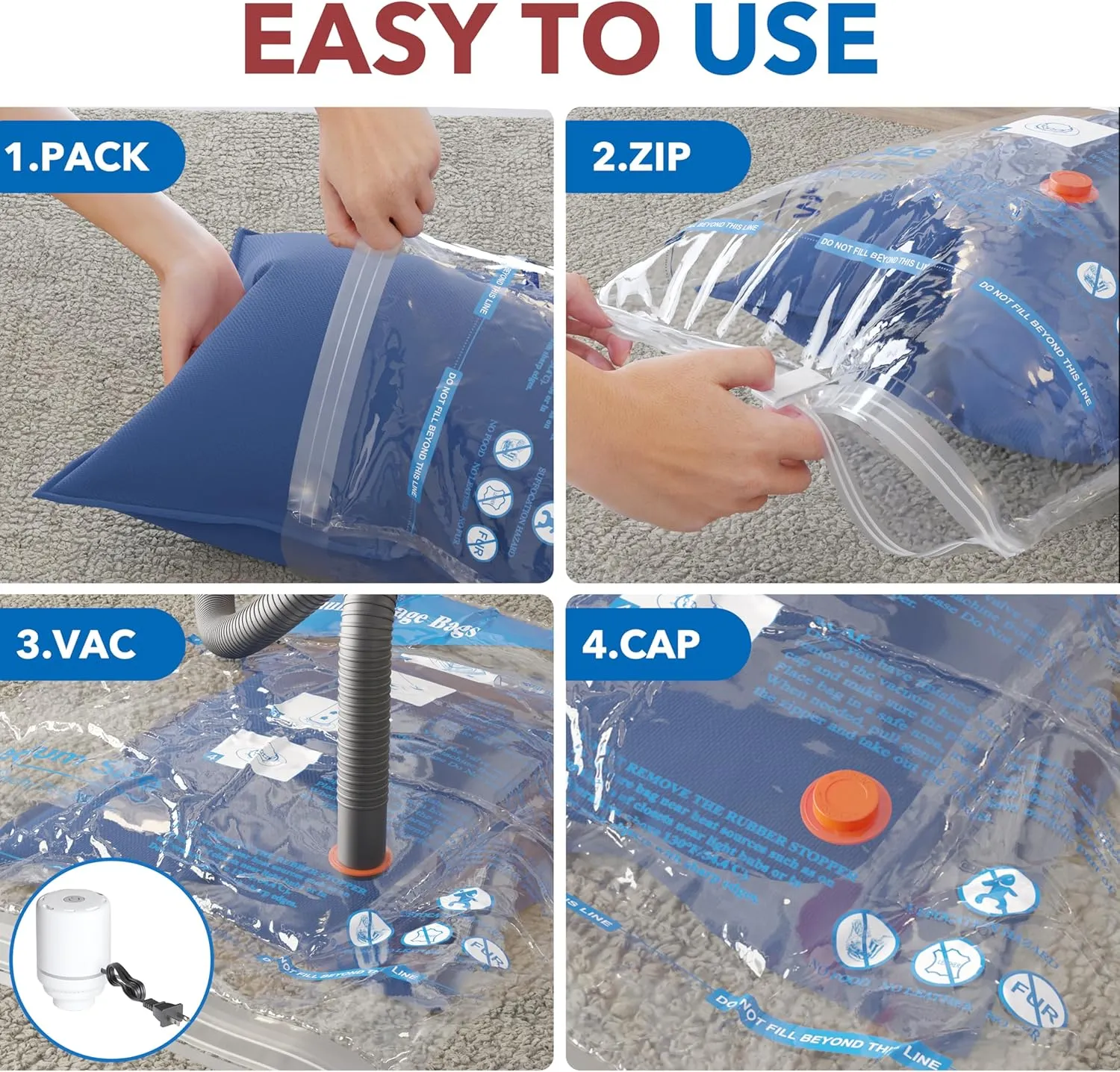 Vacuum Storage Bags with Electric Air Pump 16 Combo (4 Jumbo/4 Large/4 Medium/4 Small), Travel Vacuum Bags For Luggage, Airtight Compression Bags for Clothes, Pillows, Comforters, Blankets, Bedding