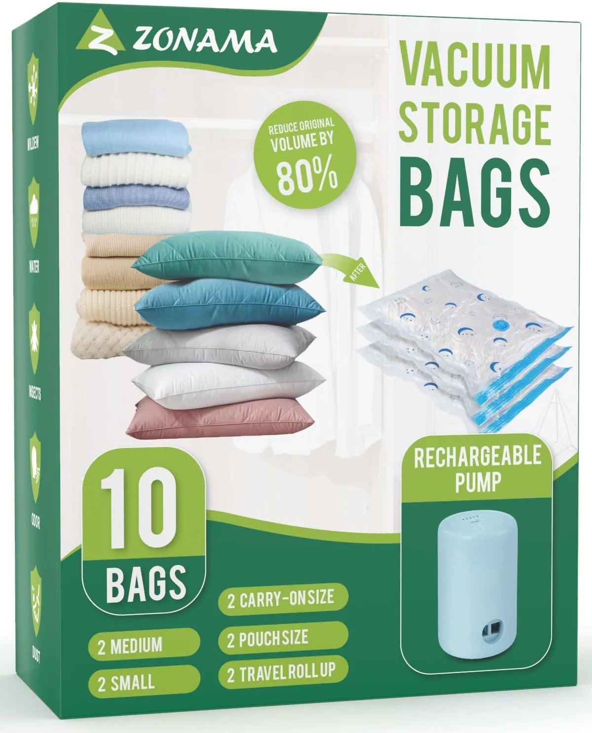 Vacuum Storage Bags with Electric Pump, 10 Pack Vacuum Sealed Bag with 1500mAh Rechargeable Battery for Clothes, Blanket, Duvets, Pillows, Comforters, Travel