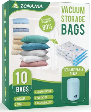 Vacuum Storage Bags with Electric Pump, 10 Pack Vacuum Sealed Bag with 1500mAh Rechargeable Battery for Clothes, Blanket, Duvets, Pillows, Comforters, Travel