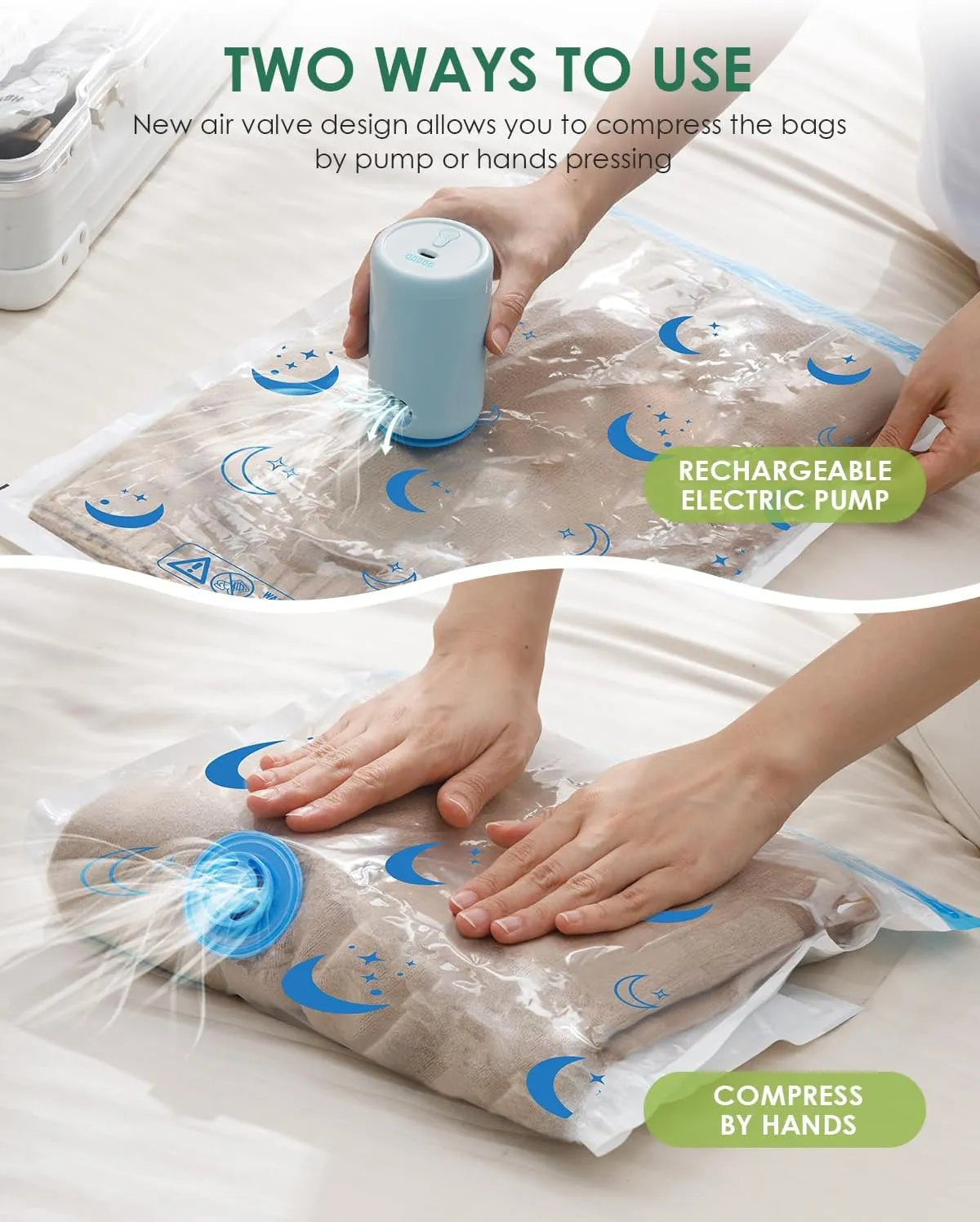 Vacuum Storage Bags with Electric Pump, 10 Pack Vacuum Sealed Bag with 1500mAh Rechargeable Battery for Clothes, Blanket, Duvets, Pillows, Comforters, Travel