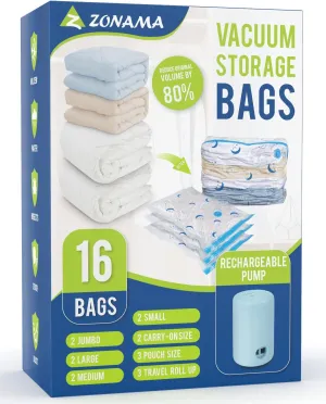 Vacuum Storage Bags with Electric Pump, 16 Pack Vacuum Sealed Bag with 1500mAh Rechargeable Battery for Clothes, Blanket, Duvets, Pillows, Comforters, Travel
