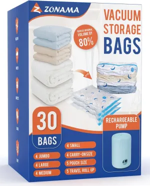 Vacuum Storage Bags with Electric Pump, 30 Pack Vacuum Sealed Bag with 1500mAh Rechargeable Battery for Clothes, Blanket, Duvets, Pillows, Comforters, Travel