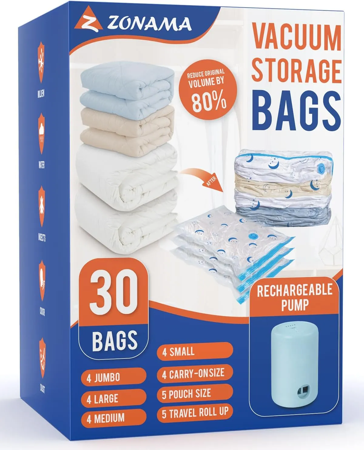 Vacuum Storage Bags with Electric Pump, 30 Pack Vacuum Sealed Bag with 1500mAh Rechargeable Battery for Clothes, Blanket, Duvets, Pillows, Comforters, Travel
