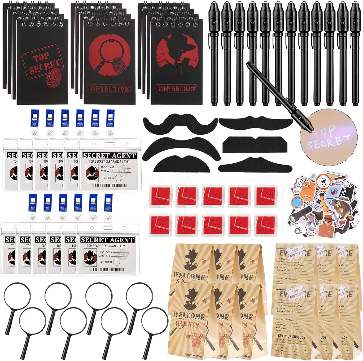 Vanblue 134Pcs Detective Party Favors Spy Kit Escape Room Birthday Party Decorations Supplies Invisible Ink Pen Magnifying Glass Gift for Kids Treat Bags Stuffers Pinata Filler Classroom Prizes