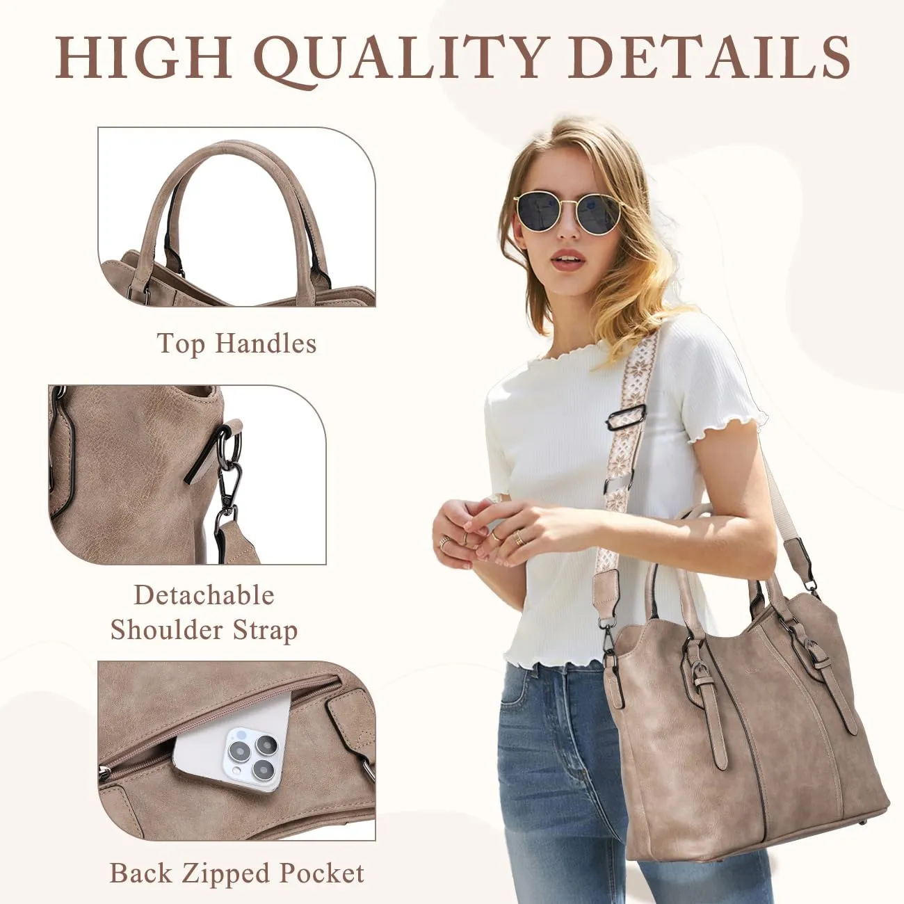 VASCHY Hobo Bags for Women, Vegan Leather Top Handle Satchel Shoulder Purse Handbag Purse with Crossbody Guitar Strap